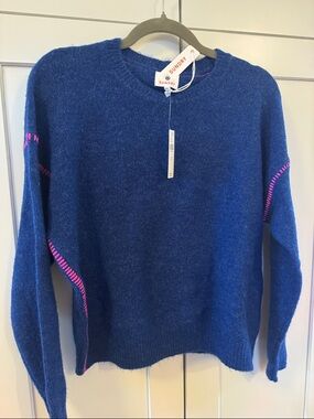 Sundry Deep Blue Crewneck Baseball Sweater with Pink Stitch Detail